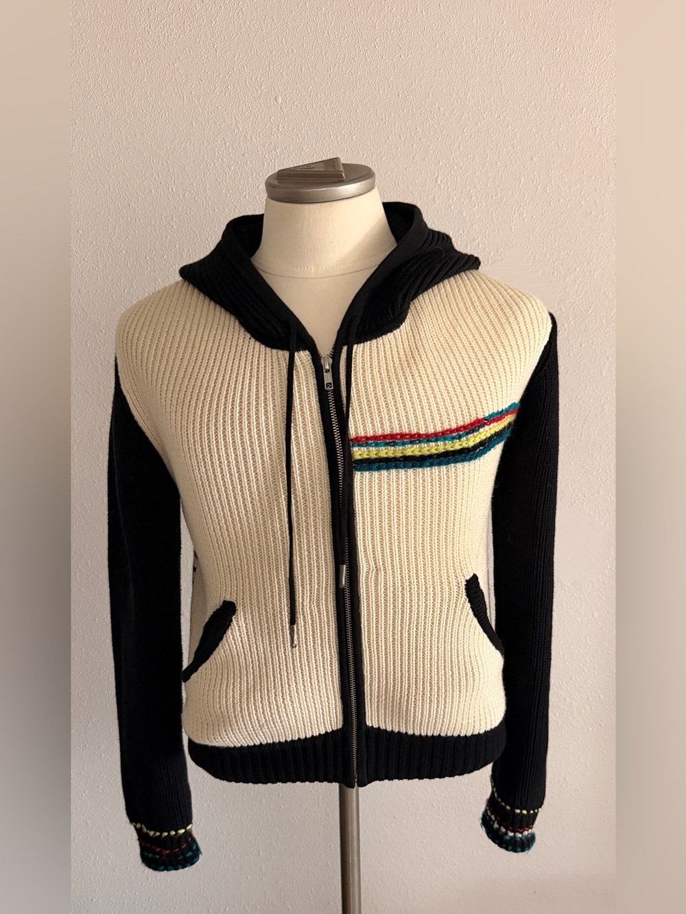 Kathryn McCarron Cotton Cashmere Ribbed Zip Hoodie in Cream and Black Medium